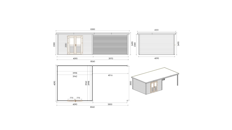Caseta de jardín de madera Freya 8.06x4.09 m - 32.96 m2 - 28 mm – impregnada