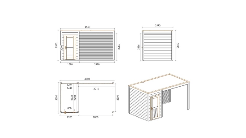 Caseta de jardín de madera Veya 4.56x2.59 m - 11.81 m2 - 28 mm – impregnada