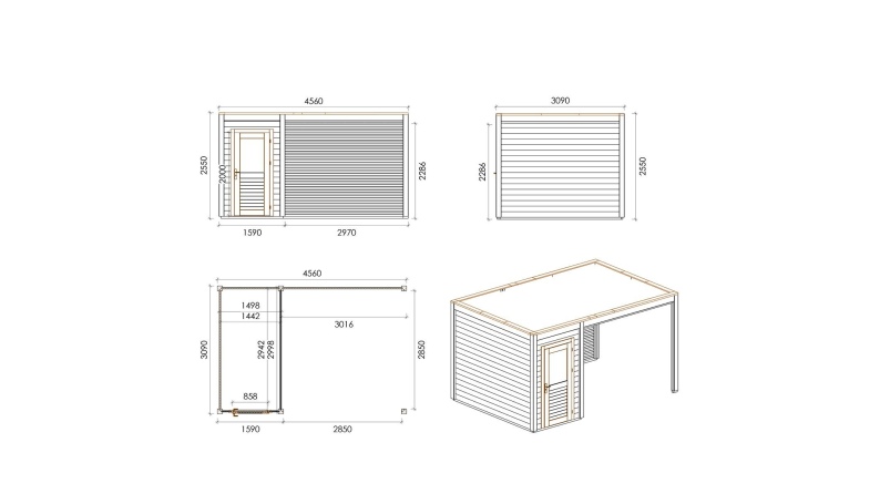 Caseta de jardín de madera Veya 4.56x3.09 m - 14.09 m2 - 28 mm – impregnada