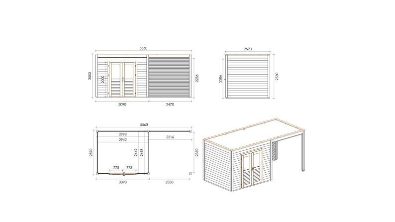 Caseta de jardín de madera Sora 5.56x2.59 m - 14.4 m2 - 28 mm – impregnada