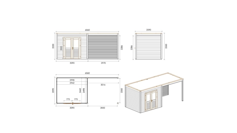 Caseta de jardín de madera Sora 6.06x2.59 m - 15.7 m2 - 28 mm – impregnada
