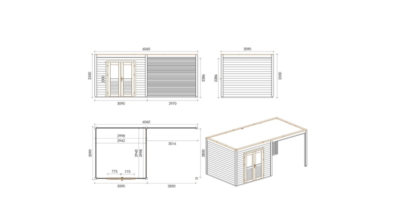 Caseta de jardín de madera Sora 6.06x3.09 m - 18.73 m2 - 28 mm – impregnada