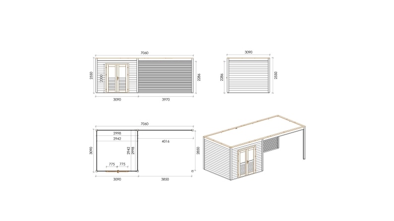 Caseta de jardín de madera Sora 7.06x3.09 m - 21.82 m2 - 28 mm – impregnada