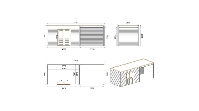 Caseta de jardín de madera Nova 7.06x2.59 m - 18.29 m2 - 28 mm – impregnada