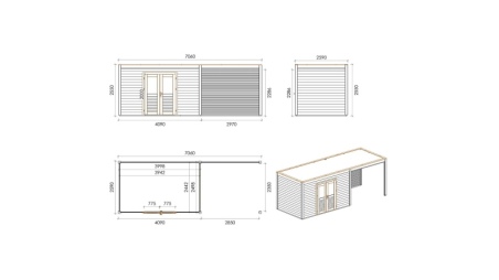 Caseta de jardín de madera Nova 7.06x2.59 m - 18.29 m2 - 28 mm – impregnada