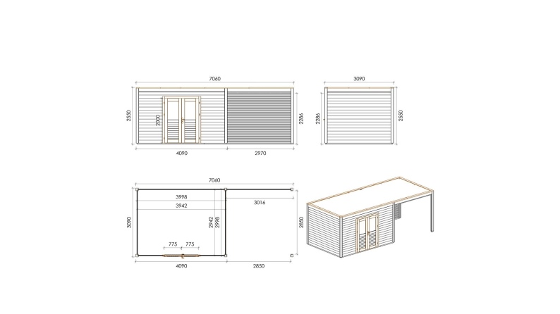 Caseta de jardín de madera Nova 7.06x3.09 m - 21.82 m2 - 28 mm – impregnada