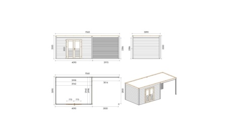 Caseta de jardín de madera Nova 7.06x3.09 m - 21.82 m2 - 28 mm – impregnada