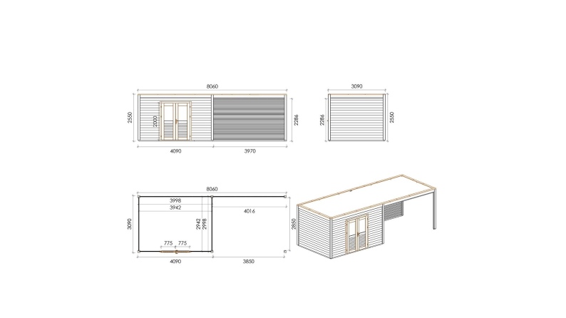 Caseta de jardín de madera Nova 8.06x3.09 m - 24.91 m2 - 28 mm – impregnada