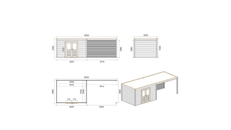 Caseta de jardín de madera Nova 8.06x3.09 m - 24.91 m2 - 28 mm – impregnada