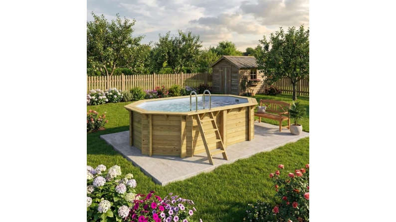 Piscina de madera NEMO 4.3 x 3 – H.1.18 m, gris, con vigas a encastrar en la solera