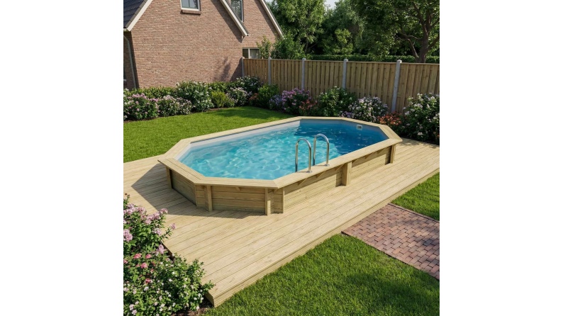 Piscina de madera NEMO 5.79 x 3.49 – H.1.45 m, gris, con vigas a encastrar en la solera