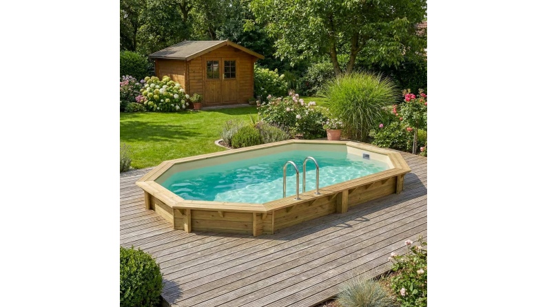 Piscina de madera NEMO 5.79 x 3.49 - H.1.45 m, arena, con vigas a atornillar a la solera