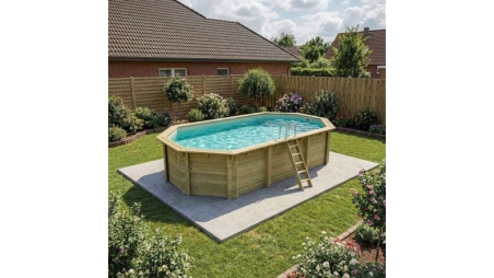 Piscina de madera NEMO 7.3 x 3.97 – H.1.45 m, arena, con vigas a encastrar en la solera