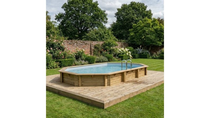 Piscina de madera NEMO 7.3 x 3.97 - H.1.45 m, gris, con vigas a atornillar a la solera