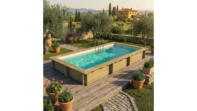 Piscina de madera AQUA 6.1 x 2.85 – H.1.31 m, arena, con vigas a encastrar en la solera