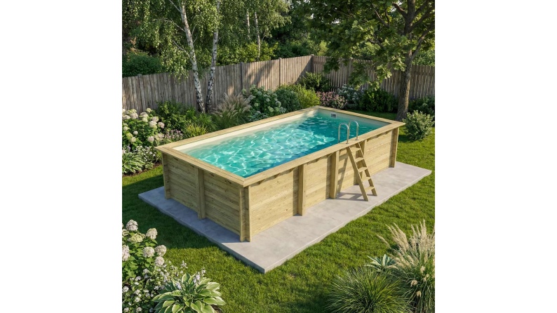 Piscina de madera AQUA 7 x 3.75 – H.1.45 m, arena, con vigas a encastrar en la solera