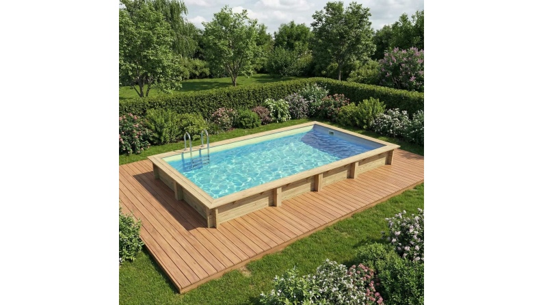 Piscina de madera AQUA 7 x 3.75 – H.1.45 m, arena, con vigas a encastrar en la solera