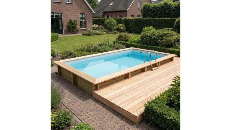 Piscina de madera AQUA 7 x 3.75 - H.1.45 m, gris, con vigas a atornillar a la solera