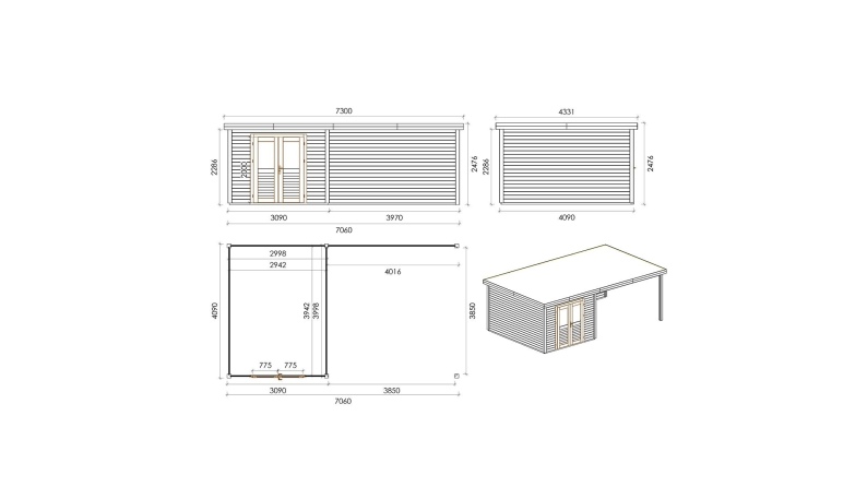 Caseta de jardín de madera Aura 7.06x4.09 m - 28.87 m2 - 28 mm – impregnada