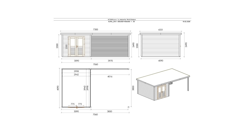 Caseta de jardín de madera Aura 7.06x4.09 m - 28.87 m2 - 28 mm – impregnada