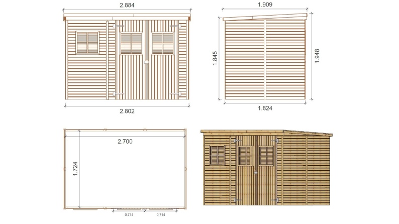 Caseta de jardín de madera 4.86 m2 - 2.7x1.8 m - 12.5 mm