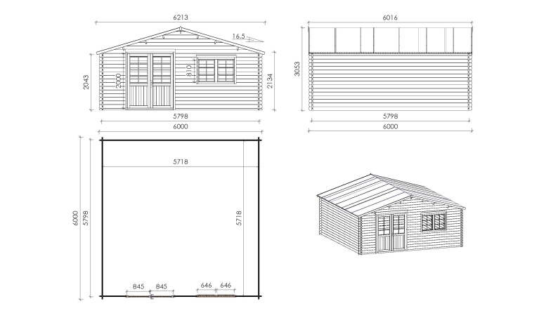 Caseta de jardín de madera-6x6 m - 48 m2 con terraza