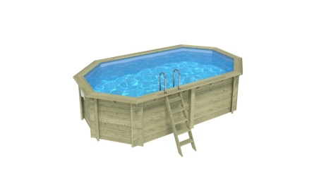 Piscina de madera NEMO 5.79 x 3.49 – H.1.45 m, azul claro, con vigas a encastrar en la solera