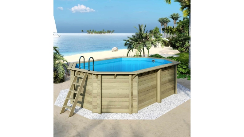 Piscina de madera NEMO 5.79 x 3.49 – H.1.45 m, azul claro, con vigas a encastrar en la solera