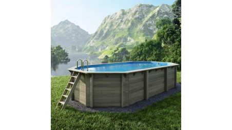Piscina de madera NEMO 7.3 x 3.97 – H.1.45 m, azul claro, con vigas a encastrar en la solera