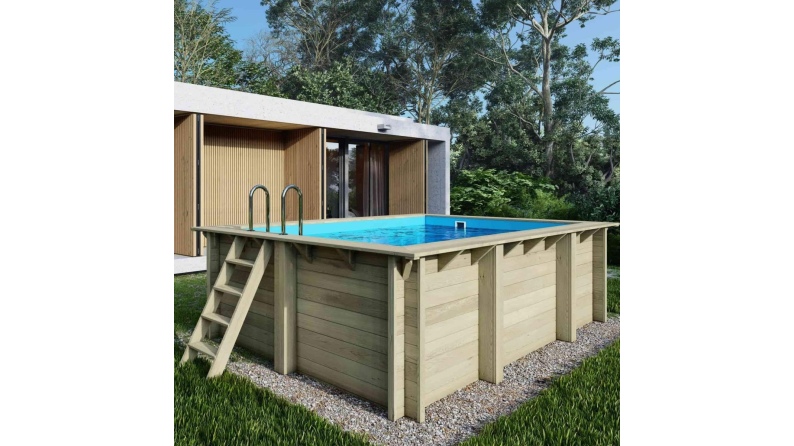 Piscina de madera AQUA 4.65 x 2.85 – H.1.24 m, azul claro, con vigas a encastrar en la solera