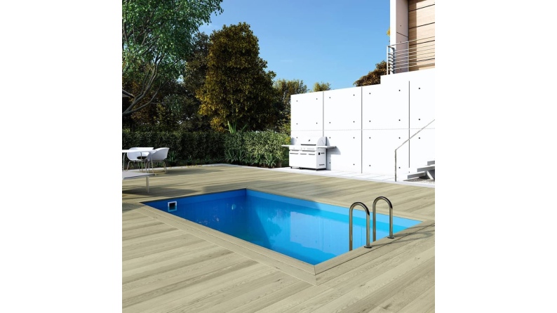 Piscina de madera AQUA 4.65 x 2.85 – H.1.24 m, azul claro, con vigas a encastrar en la solera