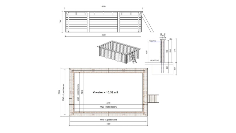 Piscina de madera AQUA 4.65 x 2.85 – H.1.24 m, azul claro, con vigas a encastrar en la solera