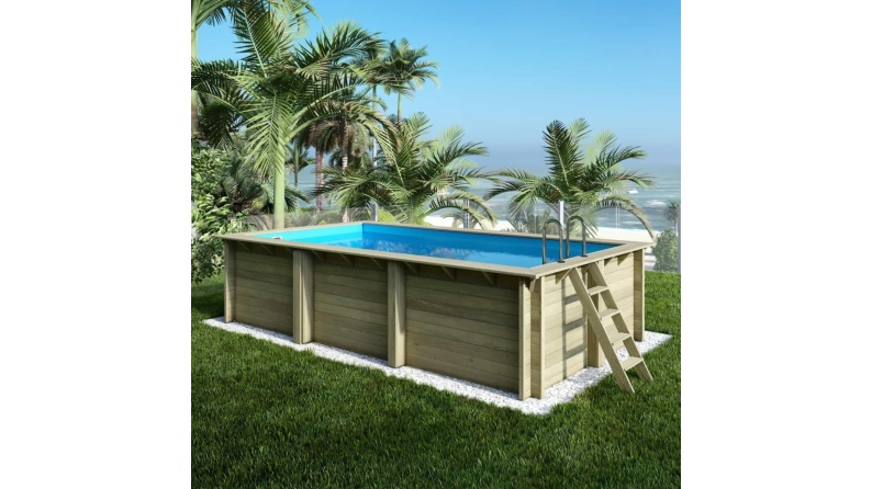 Piscina de madera AQUA 6.1 x 2.85 – H.1.31 m, azul claro, con vigas a encastrar en la solera