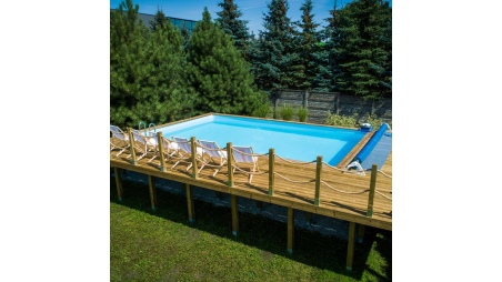 Piscina de madera AQUA 8.5 x 4.35 – H.1.45 m, azul claro, con vigas a encastrar en la solera