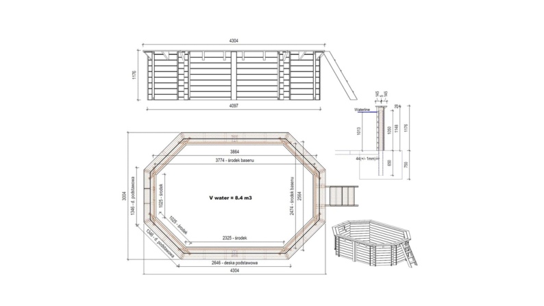 Piscina de madera NEMO 4.3 x 3 – H.1.18 m, azul claro, sobre bastidor - sin solera