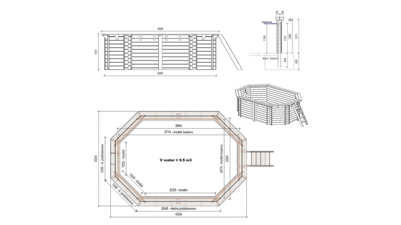 Piscina de madera NEMO 4.3 x 3 – H.1.31 m, azul claro, sobre bastidor - sin solera