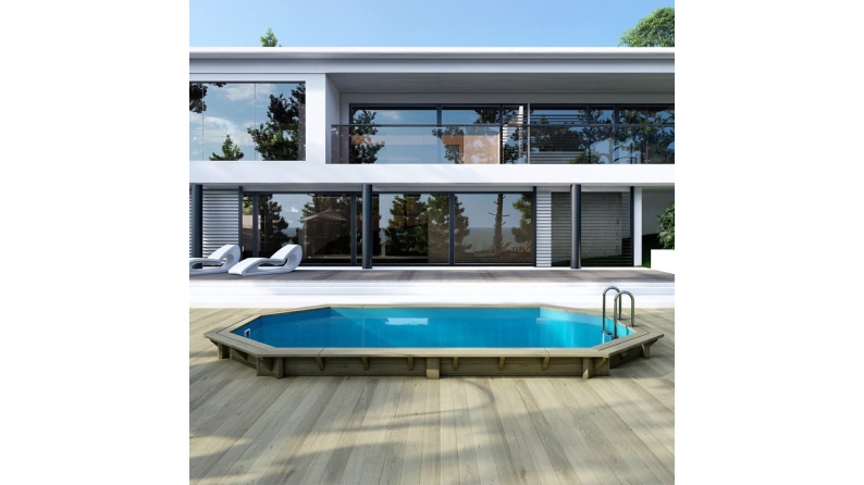 Piscina de madera NEMO 5.79 x 3.49 - H.1.45 m, azul claro, con vigas a atornillar a la solera