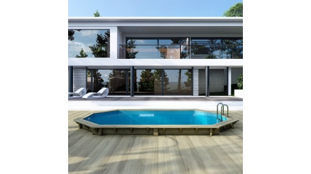 Piscina de madera NEMO 5.79 x 3.49 – H.1.45 m, azul claro, sobre bastidor - sin solera