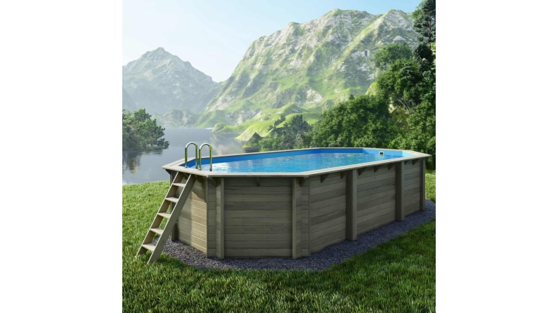Piscina de madera NEMO 7.3 x 3.97 - H.1.45 m, azul claro, con vigas a atornillar a la solera
