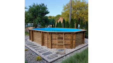 Piscina de madera NEMO 7.3 x 3.97 - H.1.45 m, azul claro, con vigas a atornillar a la solera