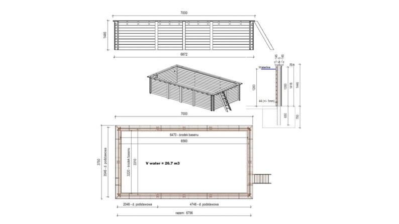 Piscina de madera AQUA 7 x 3.75 – H.1.45 m, azul claro, sobre bastidor - sin solera