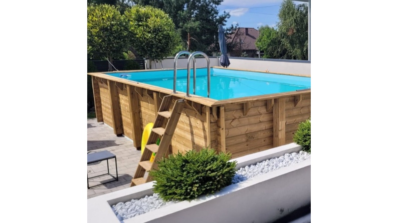 Piscina de madera AQUA 8.5 x 4.35 – H.1.45 m, azul claro, sobre bastidor - sin solera