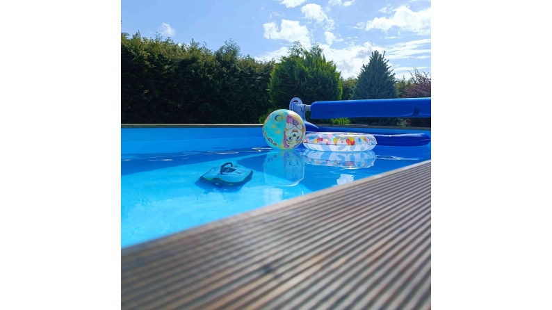 Piscina de madera AQUA 8.5 x 4.35 – H.1.45 m, azul claro, sobre bastidor - sin solera