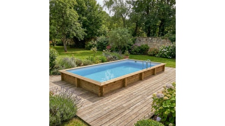 Piscina de madera AQUA 8.5 x 4.35 - H.1.45 m, gris, con vigas a atornillar a la solera