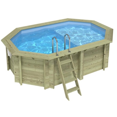 Piscina de madera NEMO 4.3 x 3 - H.1.18 m con playa, azul claro, con vigas a encastrar en la solera