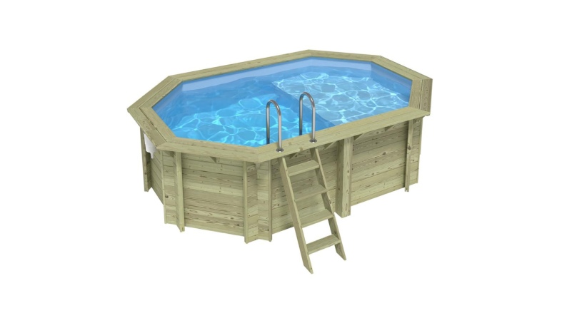 Piscina de madera NEMO 4.3 x 3 - H.1.18 m con playa, azul claro, con vigas a encastrar en la solera