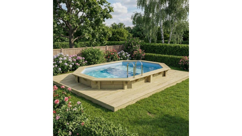 Piscina de madera NEMO 4.3 x 3 - H.1.18 m con playa, azul claro, con vigas a encastrar en la solera