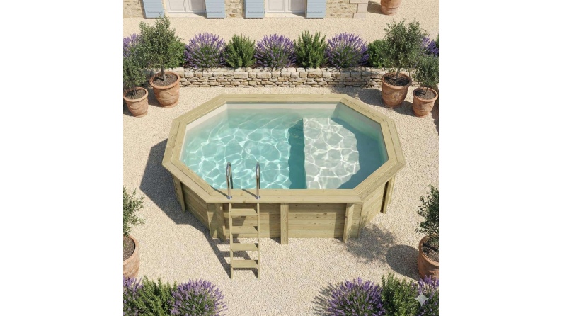 Piscina de madera NEMO 4.3 x 3 - H.1.18 m con playa, arena, con vigas a encastrar en la solera