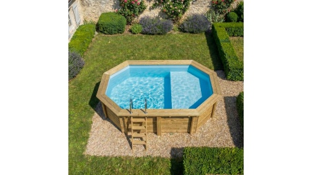 Piscina de madera NEMO 4.3 x 3 - H.1.18 m con playa, azul claro, con vigas a atornillar a la solera