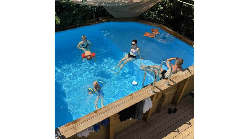 Piscina de madera NEMO 4.3 x 3 - H.1.18 m con playa, azul claro, con vigas a atornillar a la solera